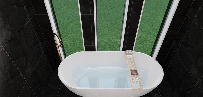 Luxurious Bathroom render, overhead view of freestanding tub
