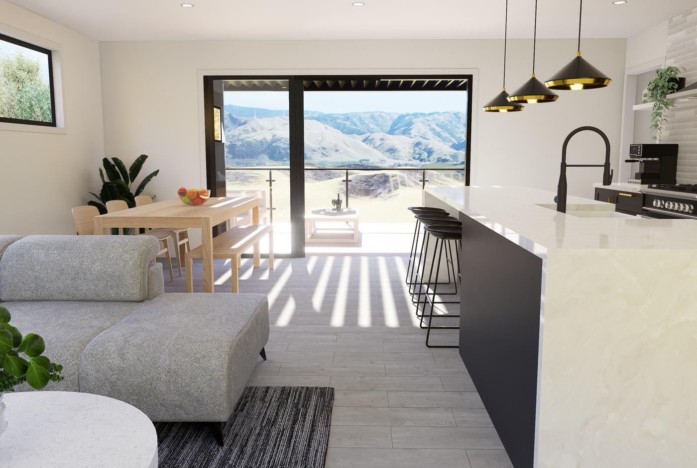 Riverside Home living and dining render with mountain views