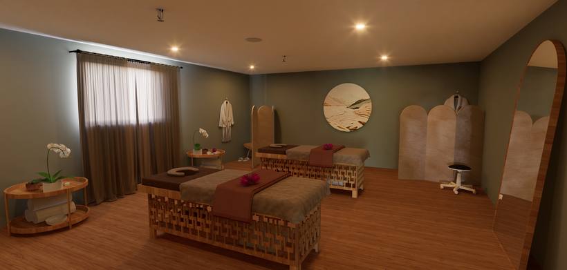 Tranquillity Day Spa treatment room render, two beds