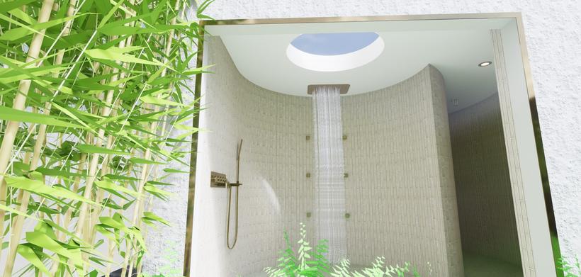 Tranquillity Day Spa outdoor snail shower render